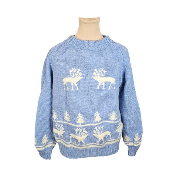 Vintage Light Blue and White Moose Holiday Sweater Sz L - Picture 1 of 8